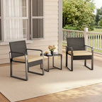 3 Pieces Patio Bistro Sets, Outdoor Rattan Conversation with Glass Table, Wicker Furniture Set with Cushion