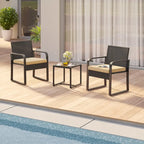 3 Pieces Patio Bistro Sets, Outdoor Rattan Conversation with Glass Table, Wicker Furniture Set with Cushion