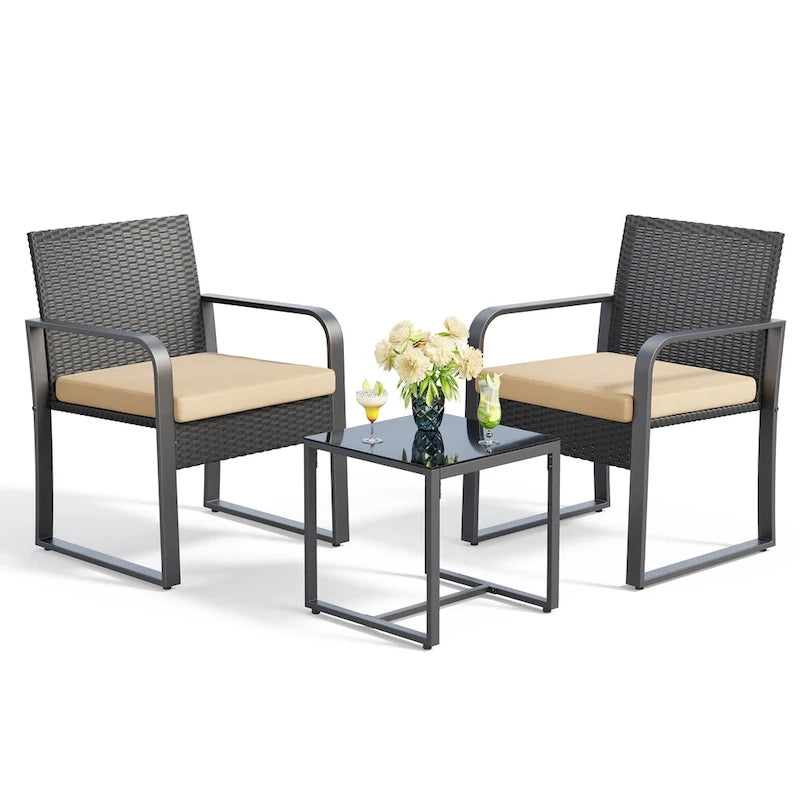 3 Pieces Patio Bistro Sets, Outdoor Rattan Conversation with Glass Table, Wicker Furniture Set with Cushion