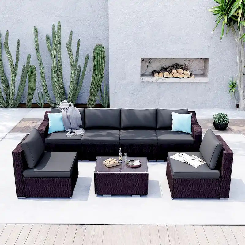 7-Pieces Red Wicker Outdoor Sectional Set with Gray Cushions and Coffee Table
