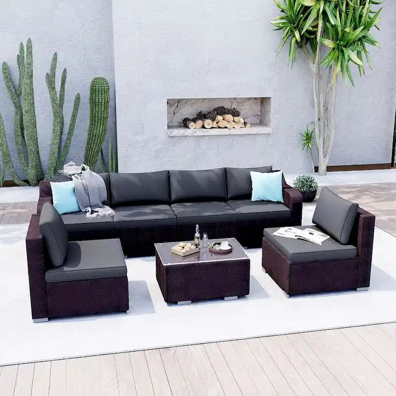 7-Pieces Red Wicker Outdoor Sectional Set with Gray Cushions and Coffee Table