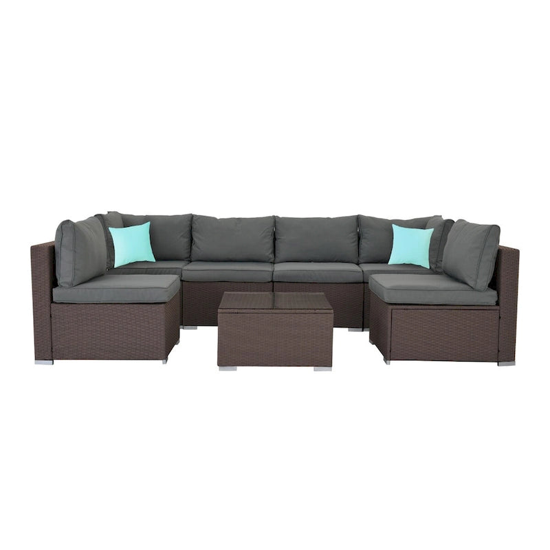 7-Pieces Red Wicker Outdoor Sectional Set with Gray Cushions and Coffee Table