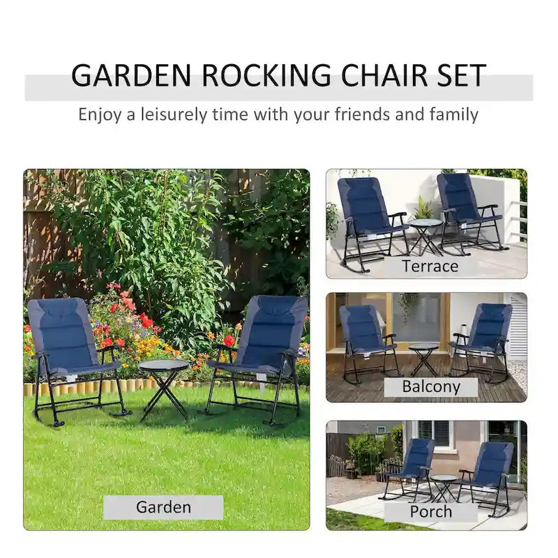 3 Piece Outdoor Patio Furniture Set w/ 2 Folding Padded Rocking Chairs