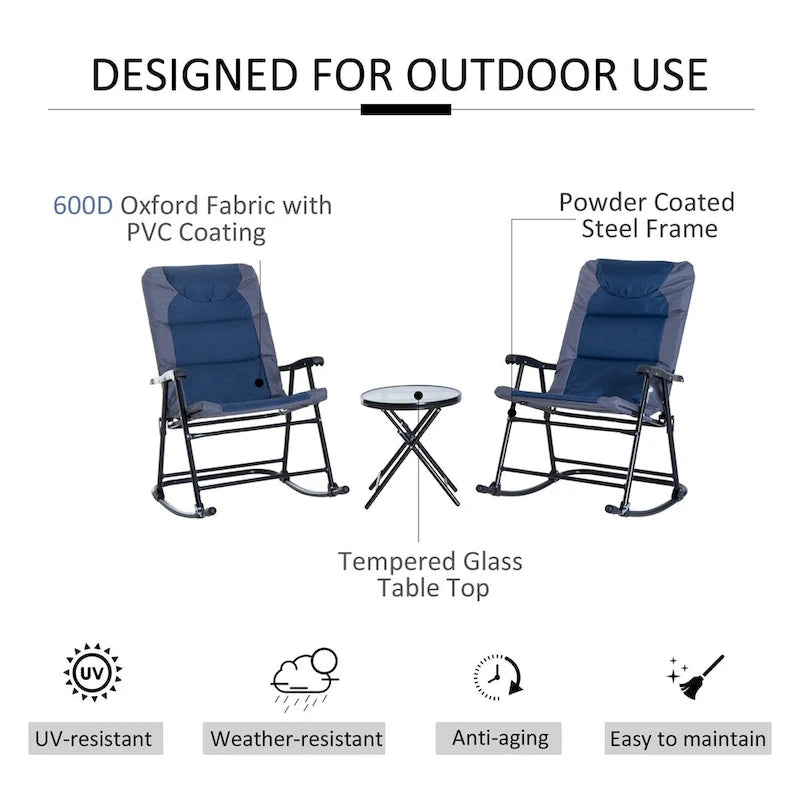 3 Piece Outdoor Patio Furniture Set w/ 2 Folding Padded Rocking Chairs