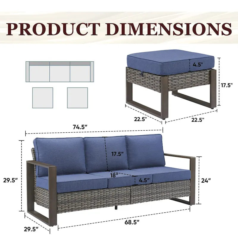 Gymojoy 3-Seat Outdoor Rattan Sofa Patio Sofa with Ottoman - Grey