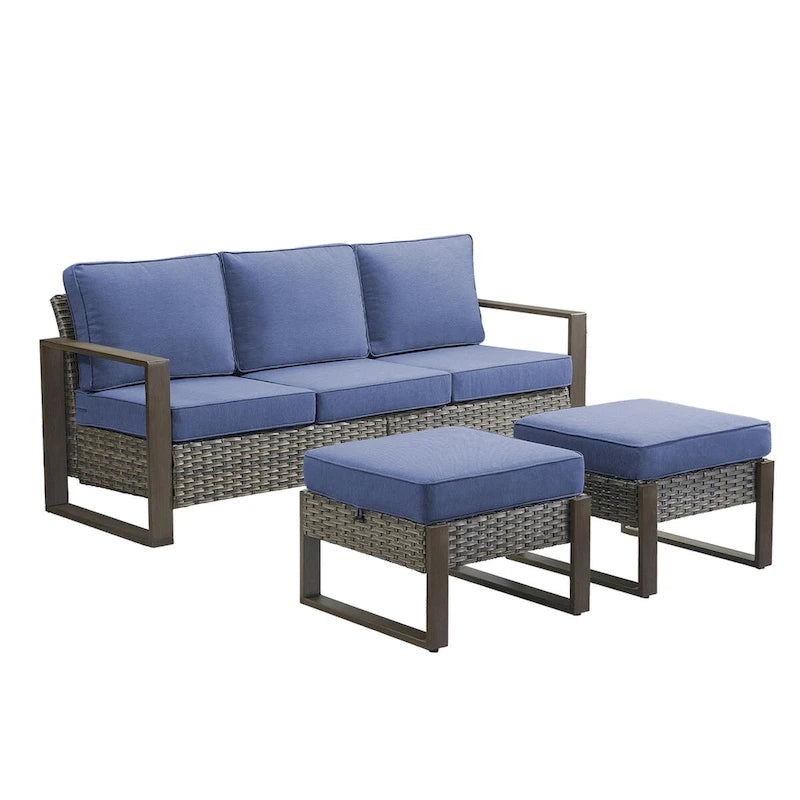 Gymojoy 3-Seat Outdoor Rattan Sofa Patio Sofa with Ottoman - Grey