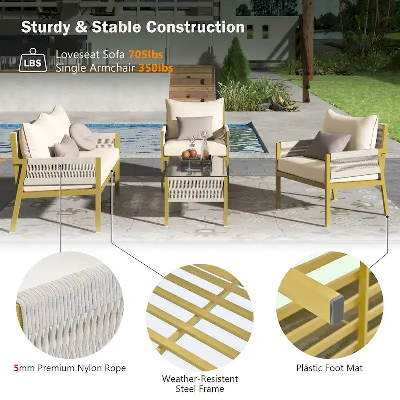 4-Piece Rope Patio Furniture Set, Outdoor Furniture with Table, Patio Conversation Set Deep Seating for Balcony