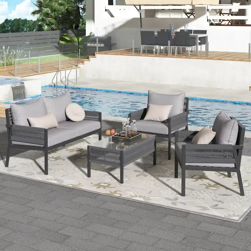 4-Piece Rope Patio Furniture Set, Outdoor Furniture with Table, Patio Conversation Set Deep Seating for Balcony