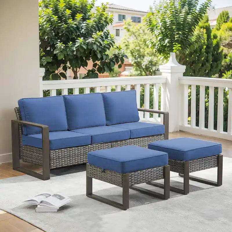 All-Weather Wicker Sofa with Ottoman - Grey