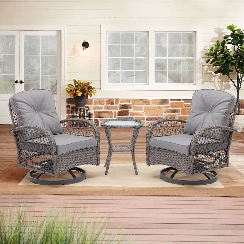 3 Pieces Outdoor Swivel Rocker Patio Chairs,Set with Thickened Cushions and Glass Coffee Table for Backyard