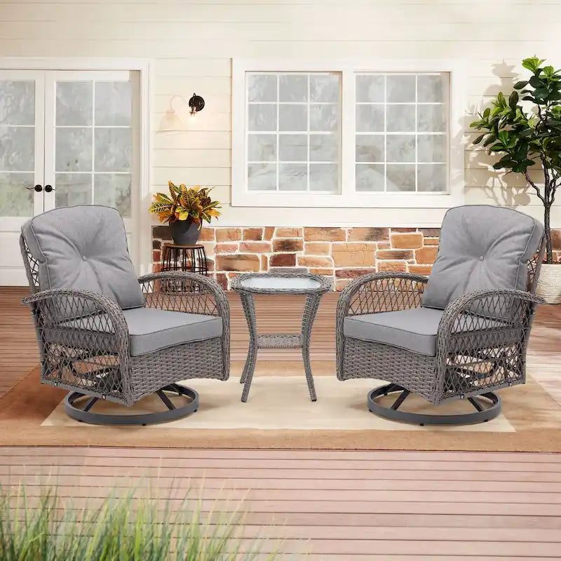 3 Pieces Outdoor Swivel Rocker Patio Chairs,Set with Thickened Cushions and Glass Coffee Table for Backyard