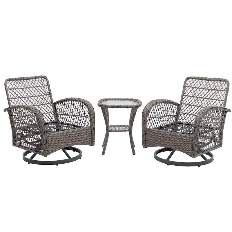 3 Pieces Outdoor Swivel Rocker Patio Chairs,Set with Thickened Cushions and Glass Coffee Table for Backyard