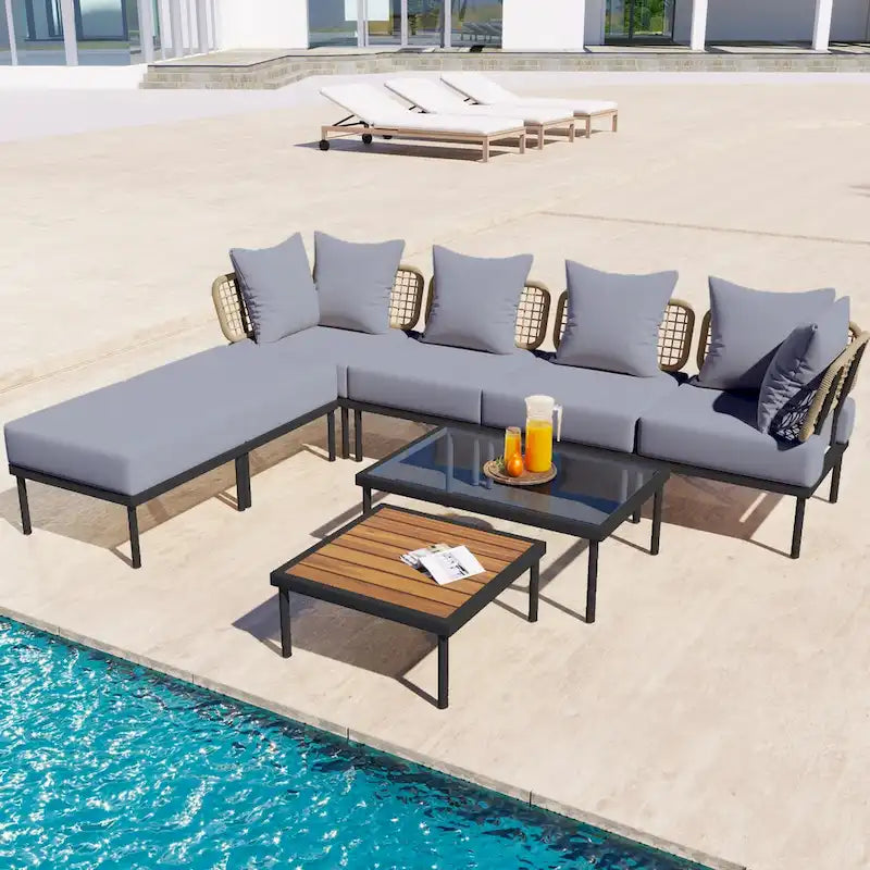 8-Piece Patio Sectional Sofa Set with Tempered Glass Coffee Table