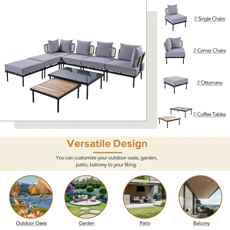 8-Piece Patio Sectional Sofa Set with Tempered Glass Coffee Table
