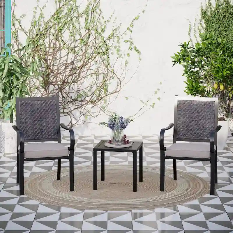 MAISON ARTS 3-piece Patio Bistro Set, 2 Rattan Chairs with Cushions and 1 Metal Side Table