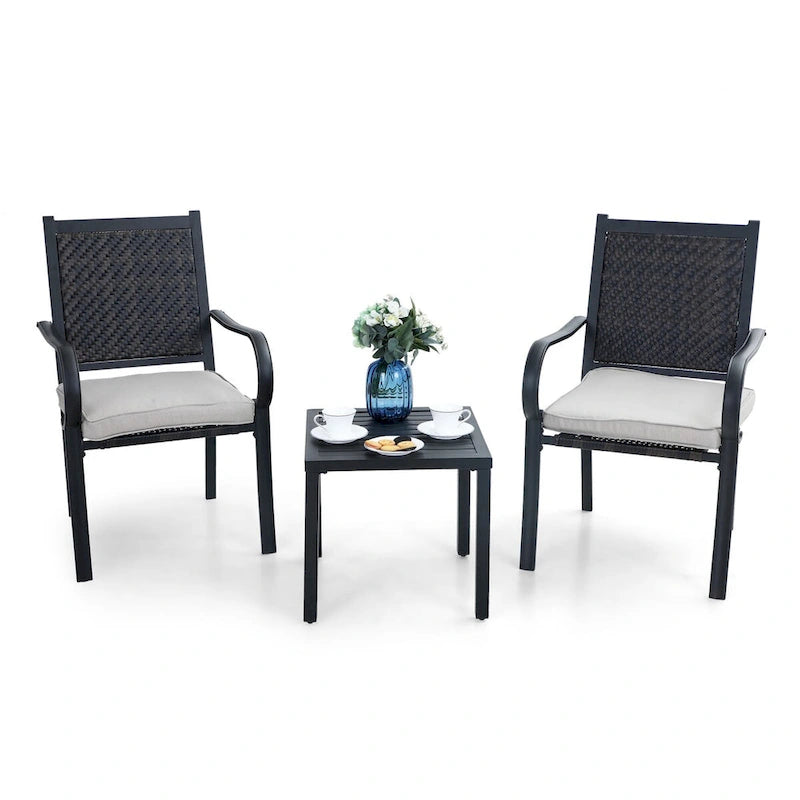 MAISON ARTS 3-piece Patio Bistro Set, 2 Rattan Chairs with Cushions and 1 Metal Side Table