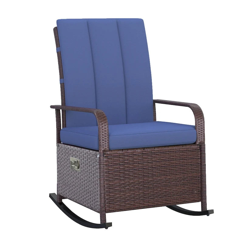 Wicker Rocking Chair, Patio Recliner with Adjustment Backrest, Lounge Chair with Adjustable Footrest and Cushions