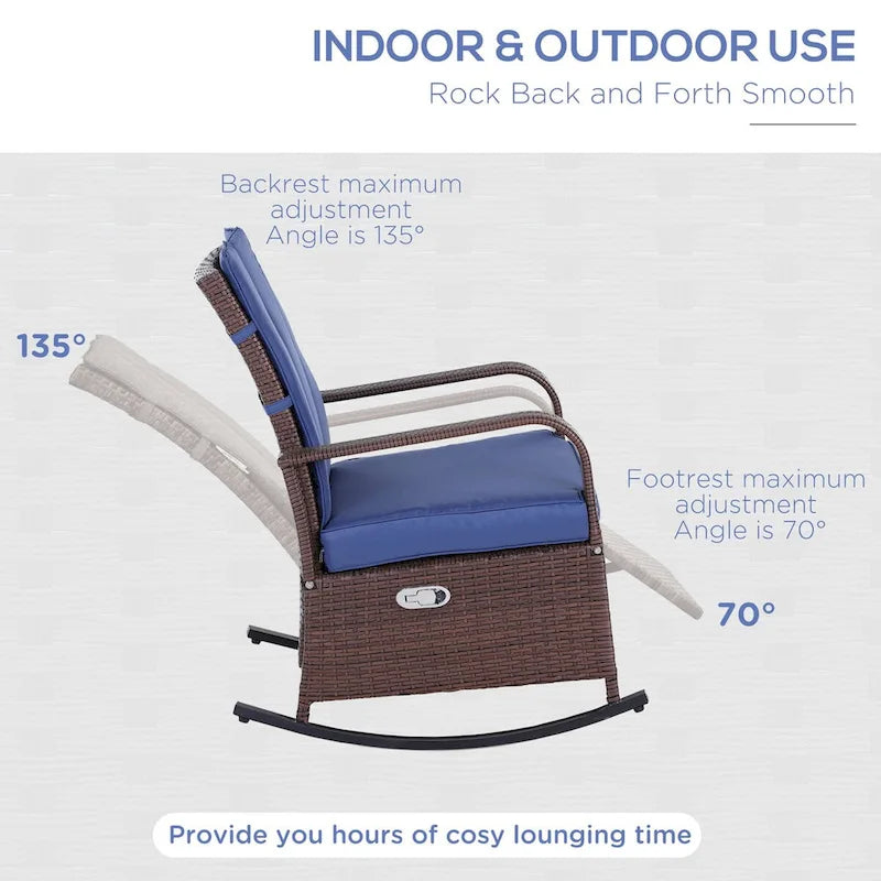 Wicker Rocking Chair, Patio Recliner with Adjustment Backrest, Lounge Chair with Adjustable Footrest and Cushions