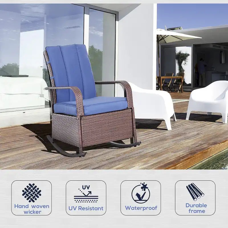 Wicker Rocking Chair, Patio Recliner with Adjustment Backrest, Lounge Chair with Adjustable Footrest and Cushions