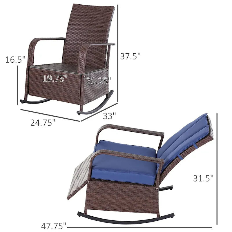 Wicker Rocking Chair, Patio Recliner with Adjustment Backrest, Lounge Chair with Adjustable Footrest and Cushions