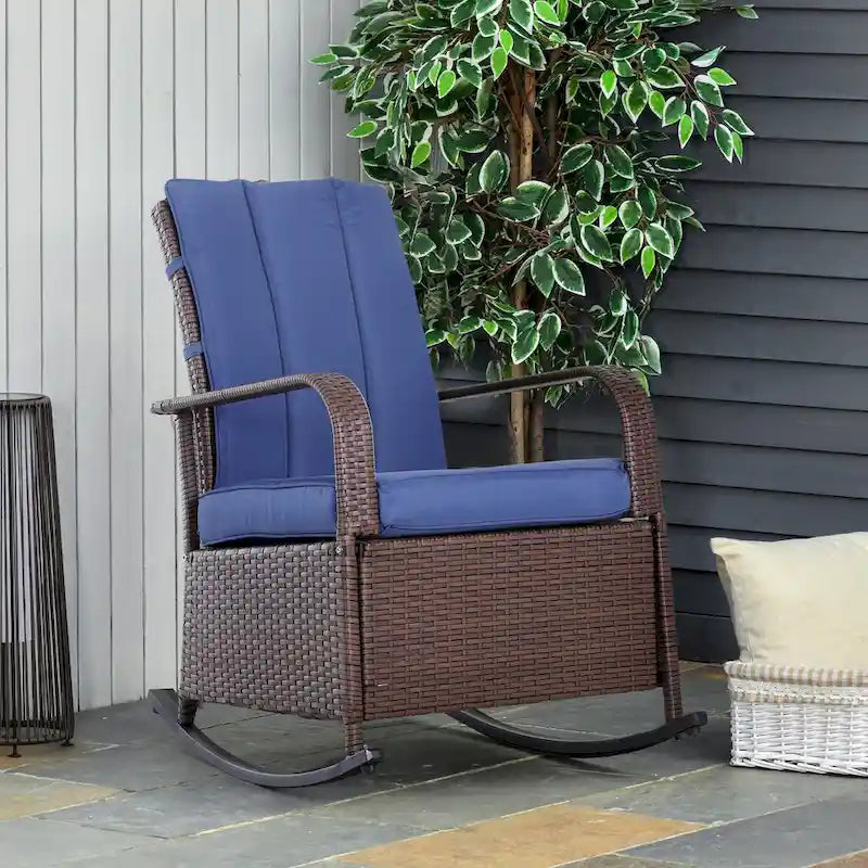 Wicker Rocking Chair, Patio Recliner with Adjustment Backrest, Lounge Chair with Adjustable Footrest and Cushions