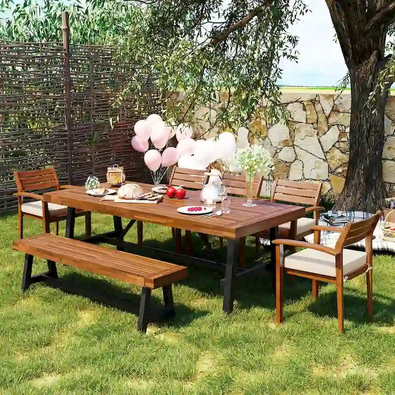 7-Pieces Outdoor Wood Dining Set with Removable Cushions and Bench