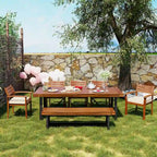7-Pieces Outdoor Wood Dining Set with Removable Cushions and Bench