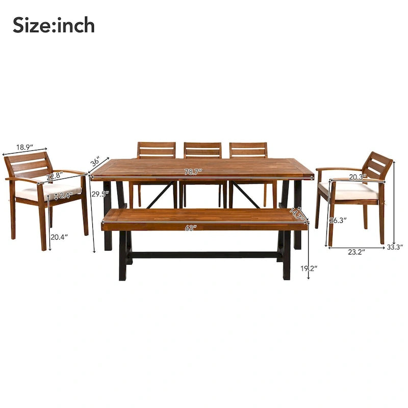 7-Pieces Outdoor Wood Dining Set with Removable Cushions and Bench