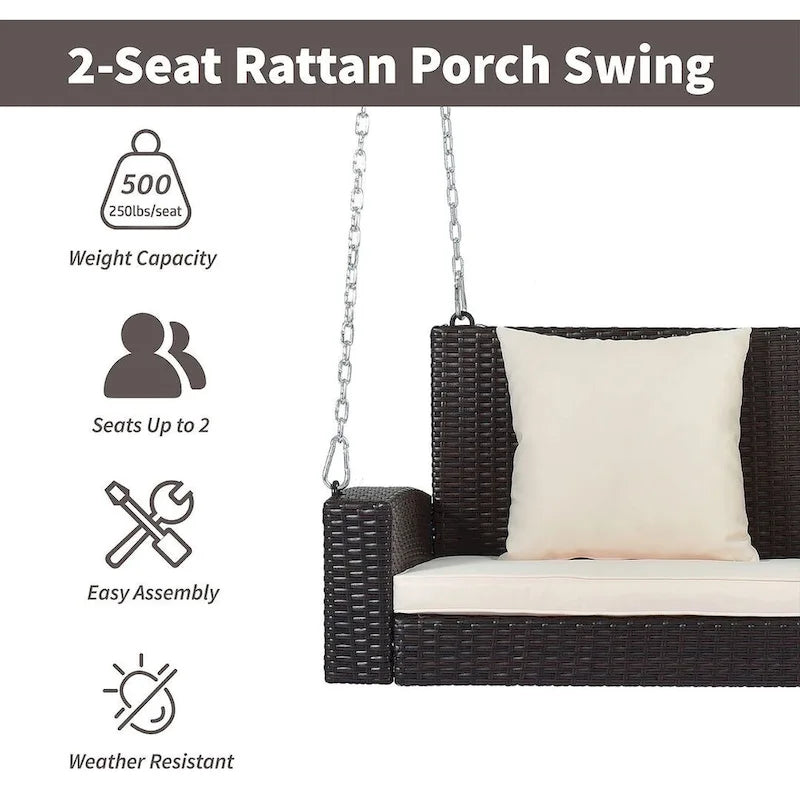 50     W Outdoor Patio 2-Person Wicker Porch Swing