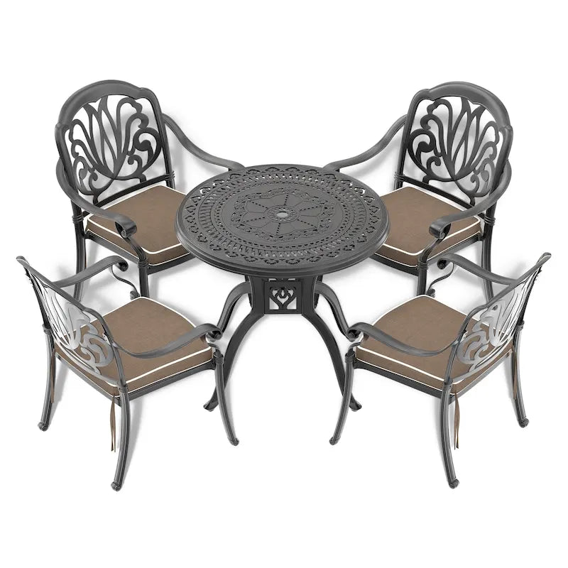 3/5-Piece Cast Aluminum Outdoor Dining Set with 31.5 in. Round Table and Random Color Seat Cushions