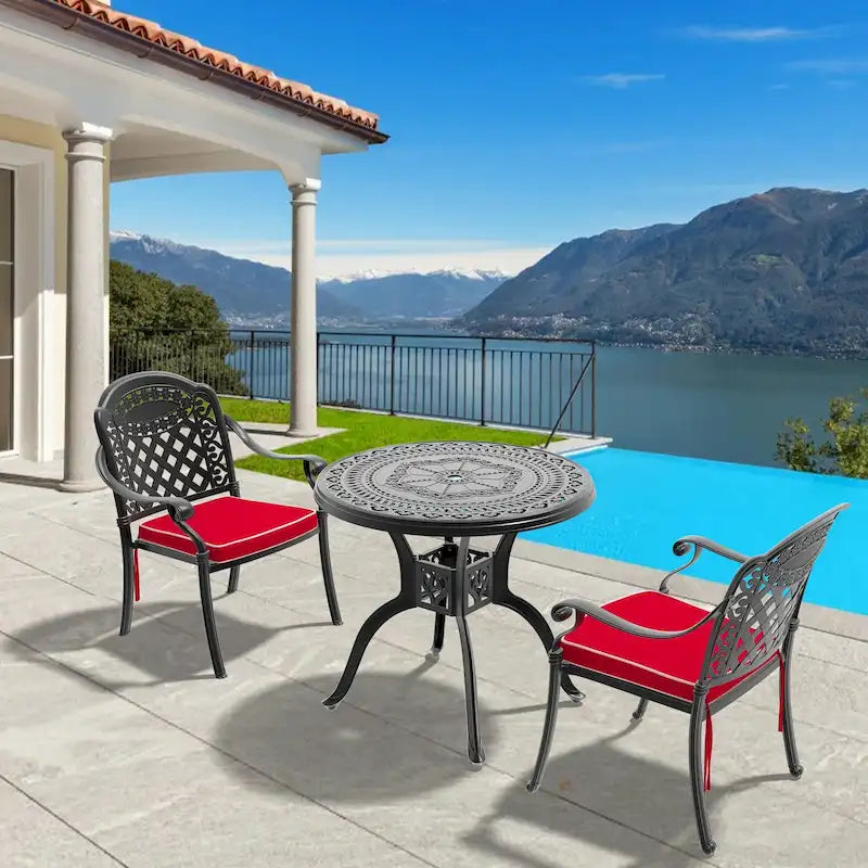 3/5-Piece Cast Aluminum Outdoor Dining Set with 31.5 in. Round Table and Random Color Seat Cushions
