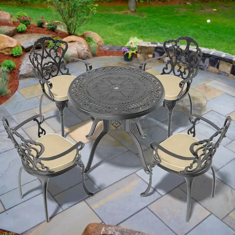 3/5-Piece Cast Aluminum Outdoor Dining Set with 31.5 in. Round Table and Random Color Seat Cushions