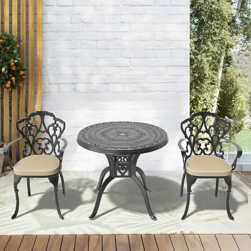 3/5-Piece Cast Aluminum Outdoor Dining Set with 31.5 in. Round Table and Random Color Seat Cushions