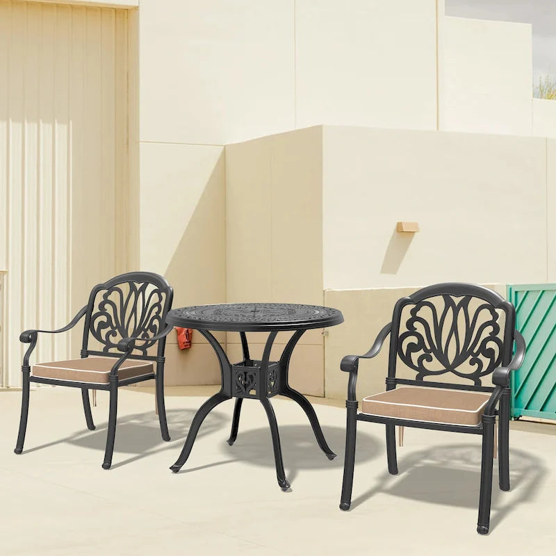 3/5-Piece Cast Aluminum Outdoor Dining Set with 31.5 in. Round Table and Random Color Seat Cushions