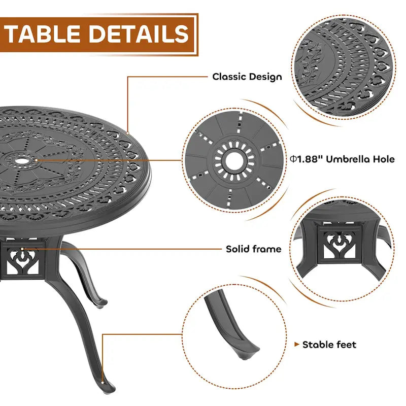 3/5-Piece Cast Aluminum Outdoor Dining Set with 31.5 in. Round Table and Random Color Seat Cushions