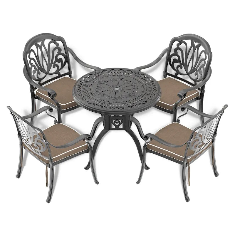 3/5-Piece Cast Aluminum Outdoor Dining Set with 31.5 in. Round Table and Random Color Seat Cushions