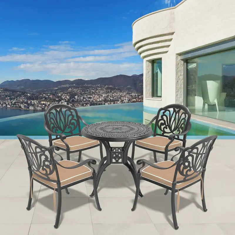 3/5-Piece Cast Aluminum Outdoor Dining Set with 31.5 in. Round Table and Random Color Seat Cushions