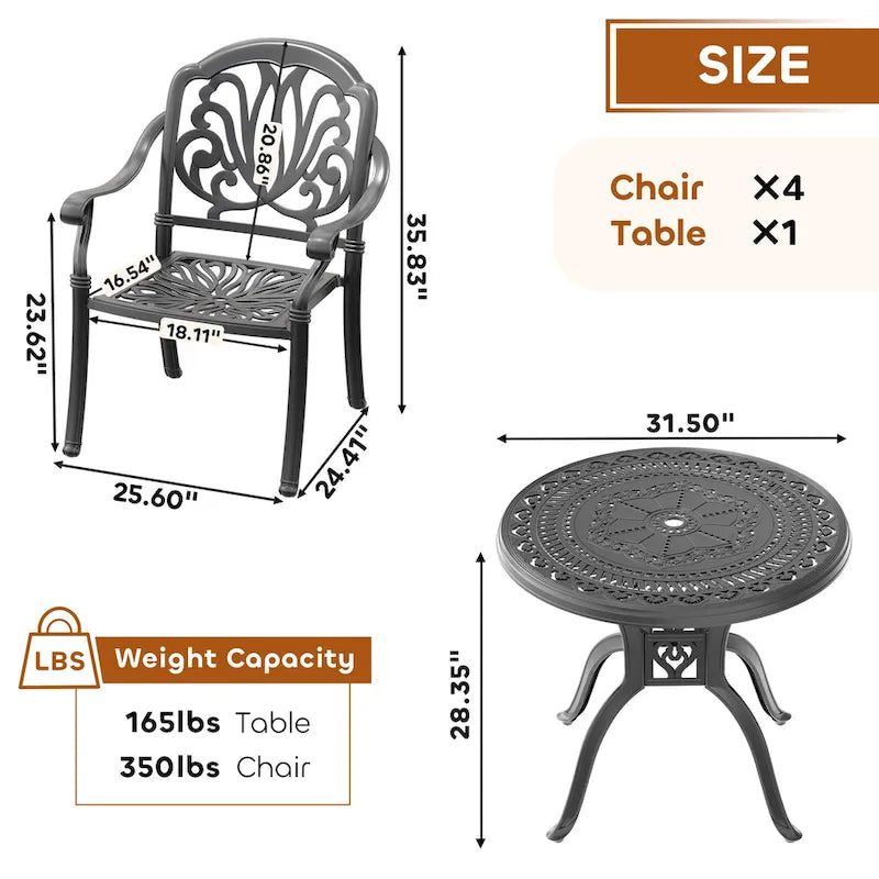 3/5-Piece Cast Aluminum Outdoor Dining Set with 31.5 in. Round Table and Random Color Seat Cushions