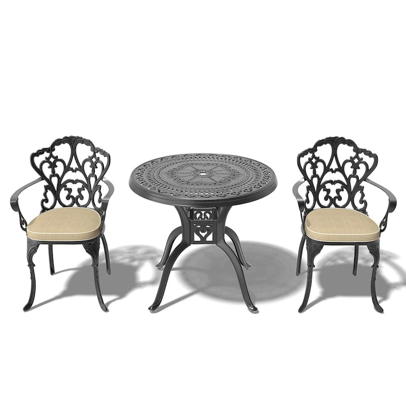 3/5-Piece Cast Aluminum Outdoor Dining Set with 31.5 in. Round Table and Random Color Seat Cushions
