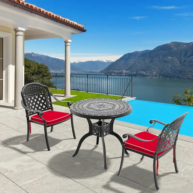 3/5-Piece Cast Aluminum Outdoor Dining Set with 31.5 in. Round Table and Random Color Seat Cushions