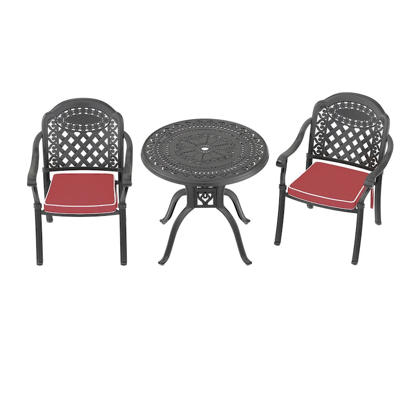 3/5-Piece Cast Aluminum Outdoor Dining Set with 31.5 in. Round Table and Random Color Seat Cushions