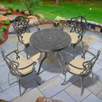 3/5-Piece Cast Aluminum Outdoor Dining Set with 31.5 in. Round Table and Random Color Seat Cushions