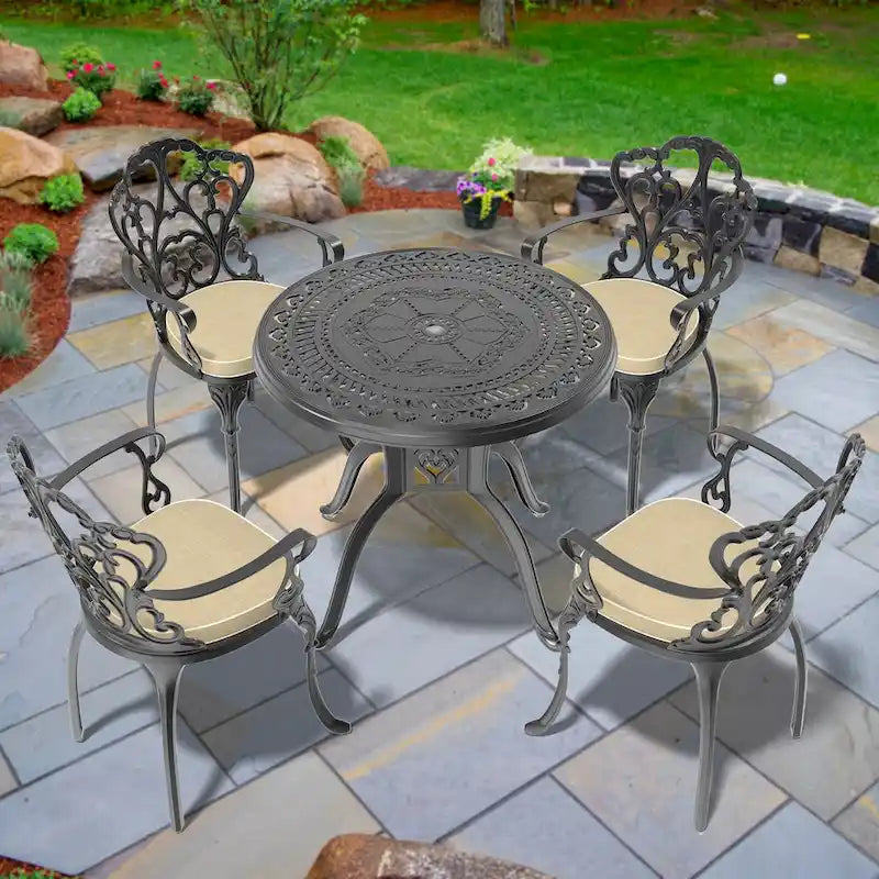 3/5-Piece Cast Aluminum Outdoor Dining Set with 31.5 in. Round Table and Random Color Seat Cushions
