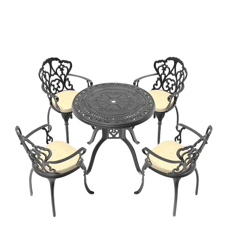 3/5-Piece Cast Aluminum Outdoor Dining Set with 31.5 in. Round Table and Random Color Seat Cushions
