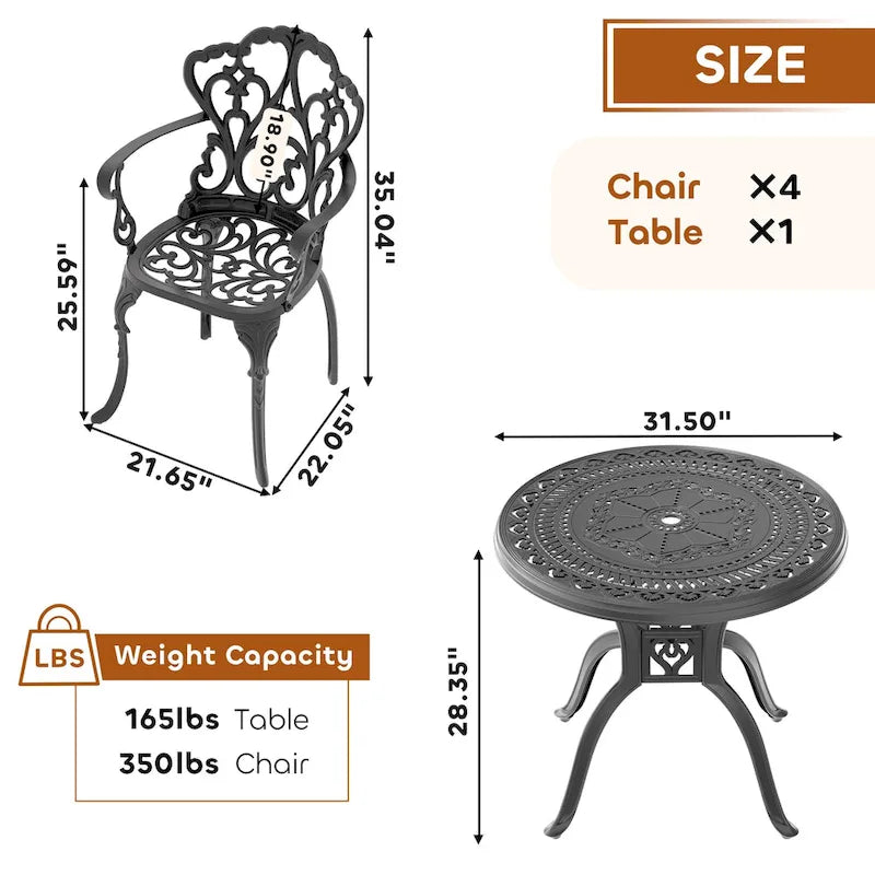 3/5-Piece Cast Aluminum Outdoor Dining Set with 31.5 in. Round Table and Random Color Seat Cushions