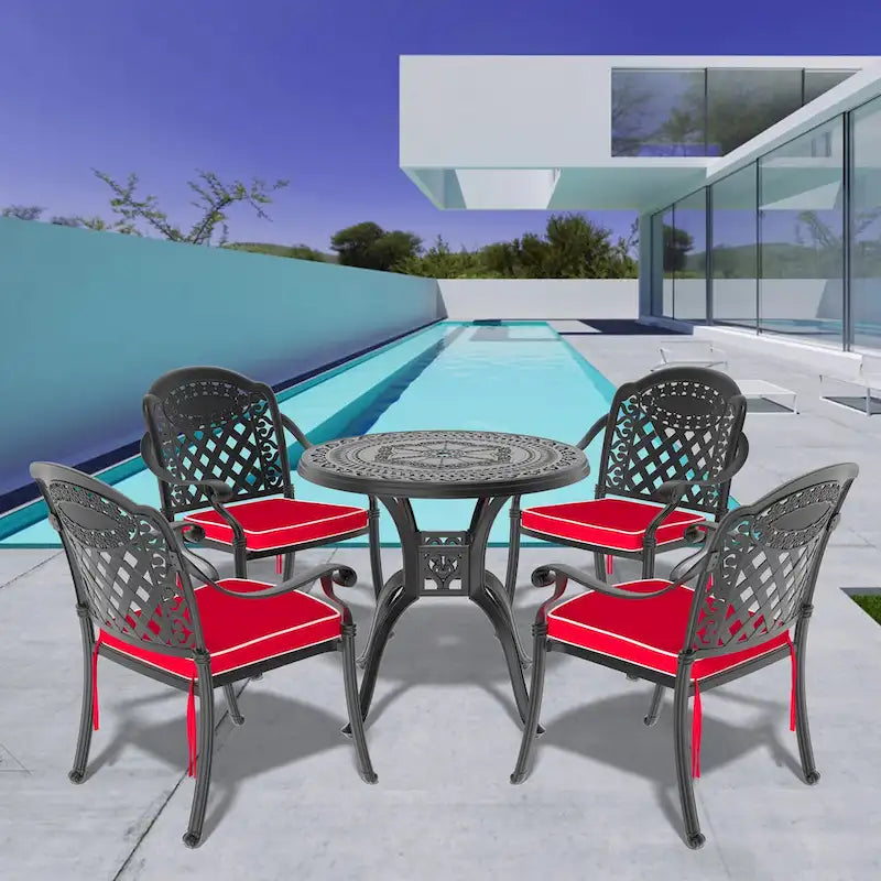 3/5-Piece Cast Aluminum Outdoor Dining Set with 31.5 in. Round Table and Random Color Seat Cushions