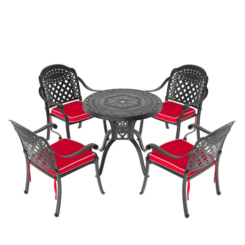 3/5-Piece Cast Aluminum Outdoor Dining Set with 31.5 in. Round Table and Random Color Seat Cushions