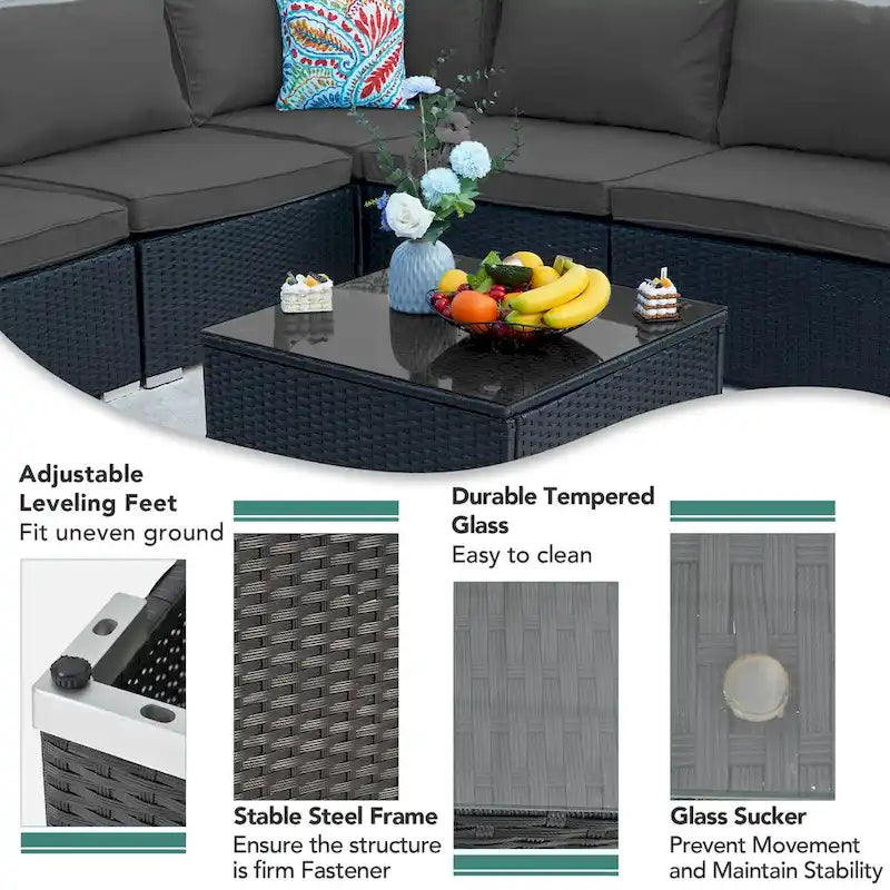 7 Pieces Outdoor Woven Rattan Sectional Sofa,Grey