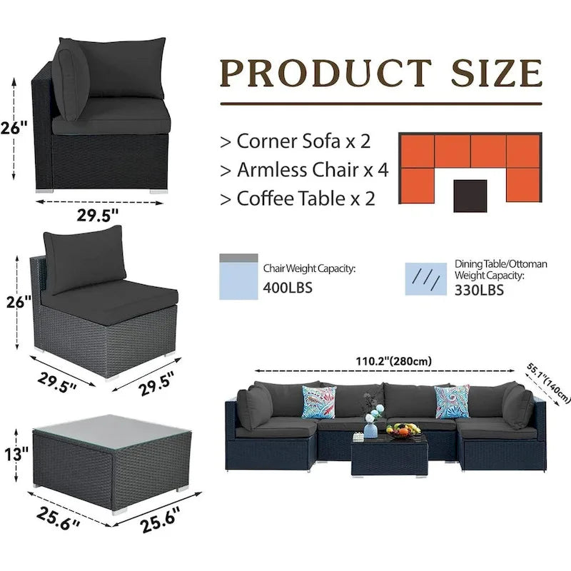 7 Pieces Outdoor Woven Rattan Sectional Sofa,Grey