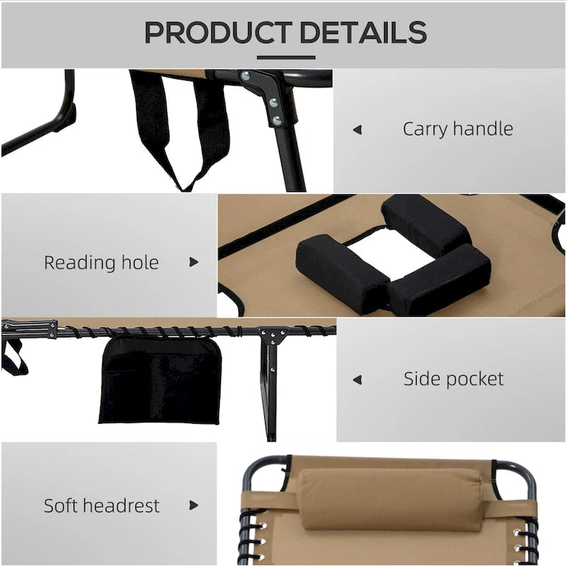 2 Piece Folding Chaise Lounge w/ 5-level Reclining Back, Reading Hole